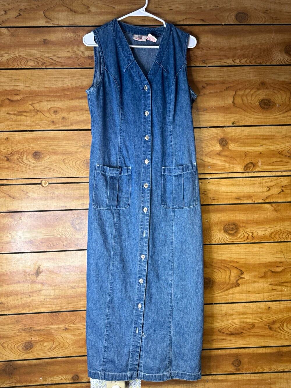 Y2K Faded Glory Women's Blue Denim Cotton Sleeveless V-Neck Button Maxi Dress 12